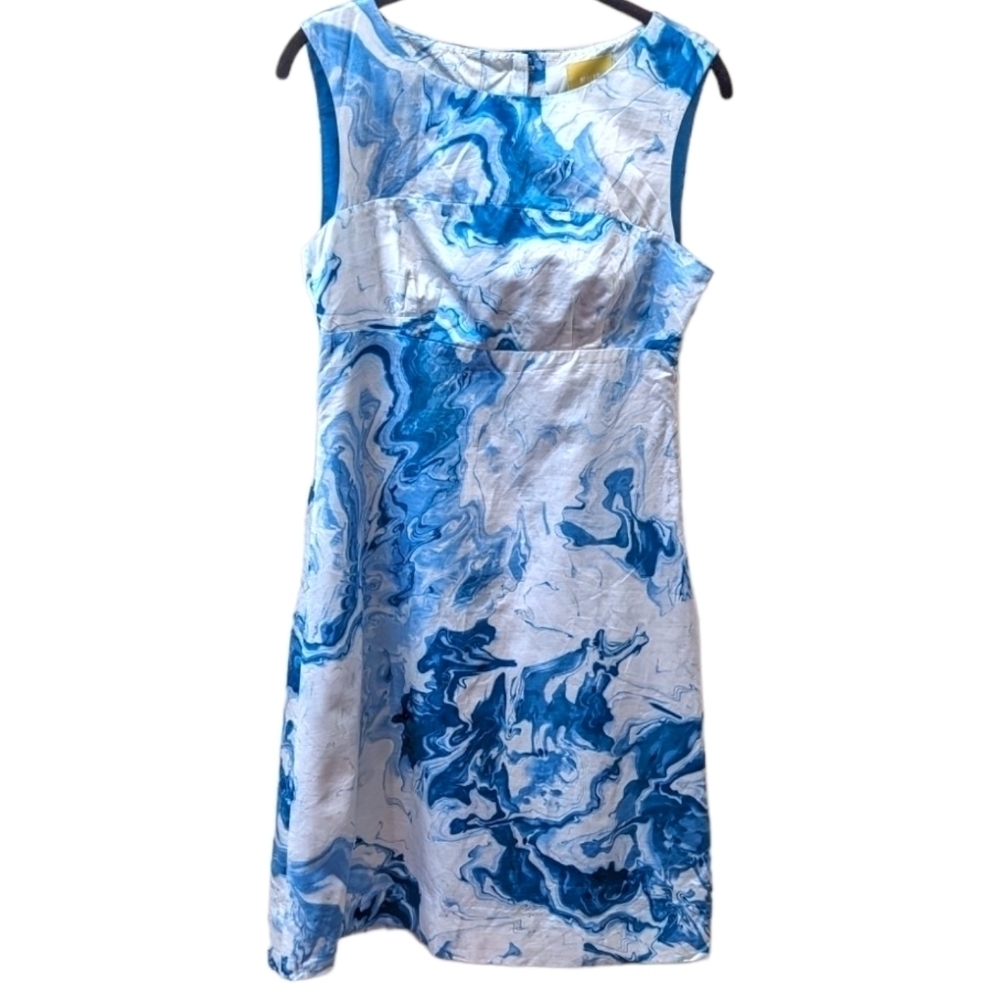 ANTHROPOLOGIE Maeve Marble Waters Blue Silk Blend Sleeveless Shift Dress (2)